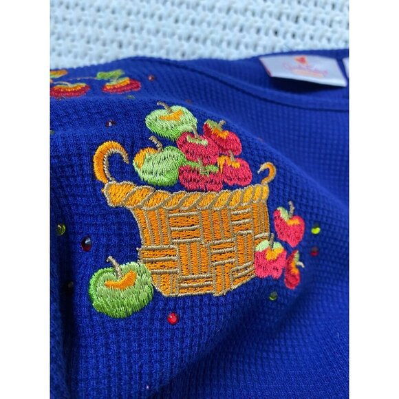 Quacker Factory Apple Embroidered Blue Waffle Sweater Top Women Size Medium Fall - Picture 13 of 13